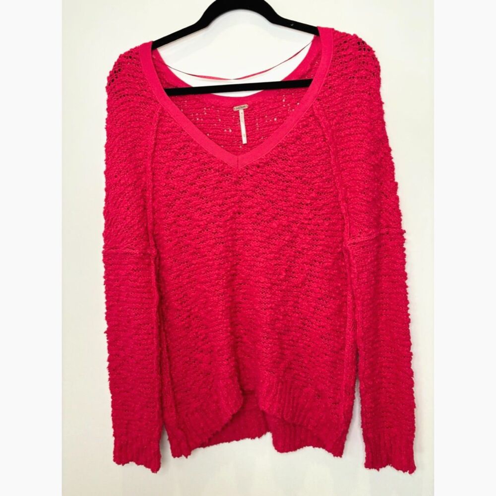 Free People Red Vneck Knit Sweater Size XS-Small Boho Holiday Oversized k41